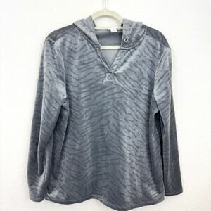 Chico's Womens Weekends Velour Hoodie Pullover Top Size L Comfy Gray